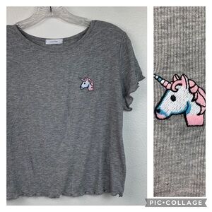 Tinywillow unicorn tee, embroidered gray ribbed cozy top short sleeve shirt EUC